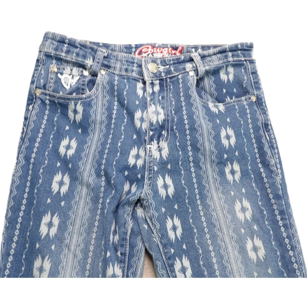 Cowgirl Hardware Aztec Flare Jeans Womens W27 Blue Bell Bottom Western Rodeo Y2K